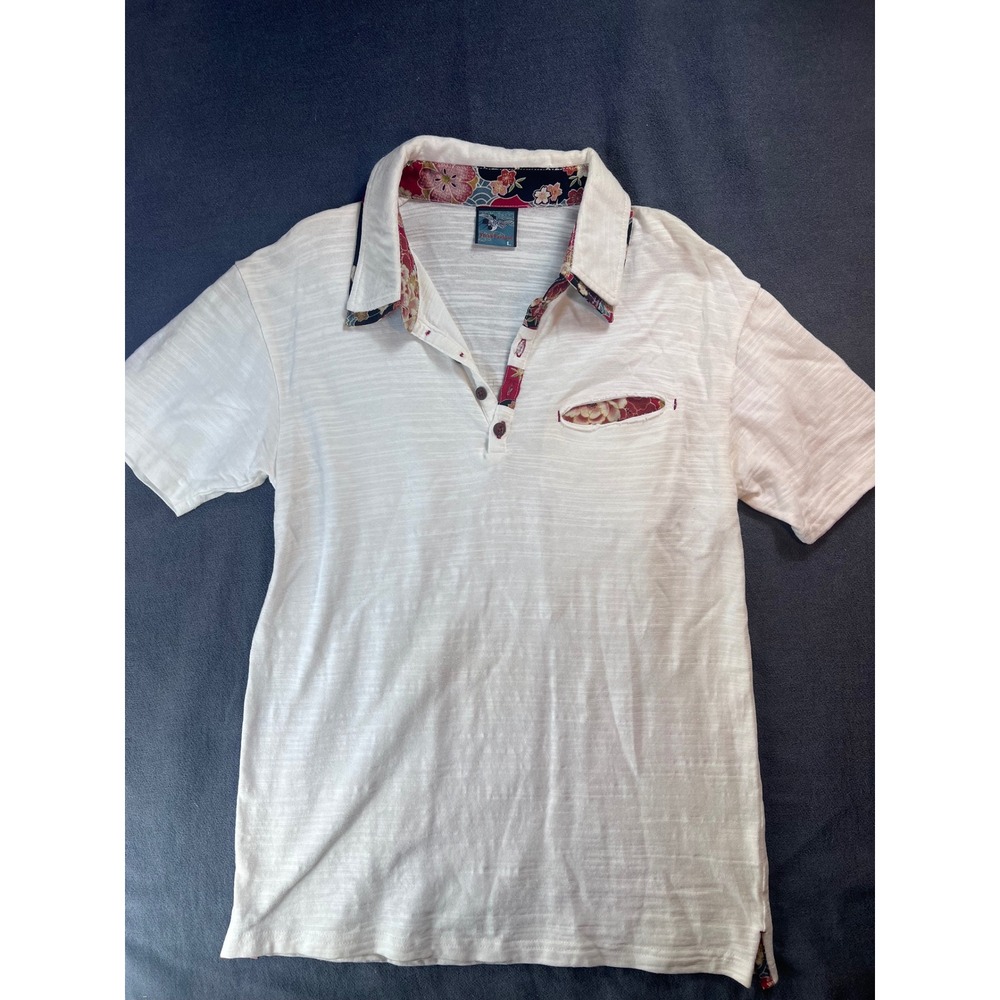 First Parking Mens White Slub Knit Polo Shirt Floral Japanese Print Trim L